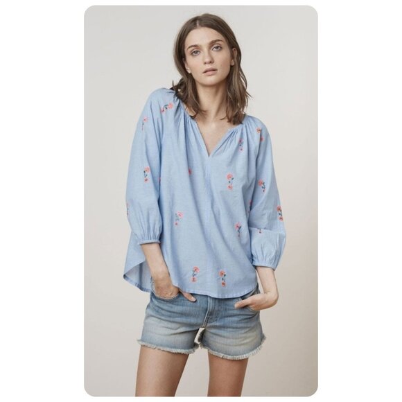 Velvet by Graham & Spencer Kira Blue Flower Floral Embroidered Top sz M - Picture 6 of 12
